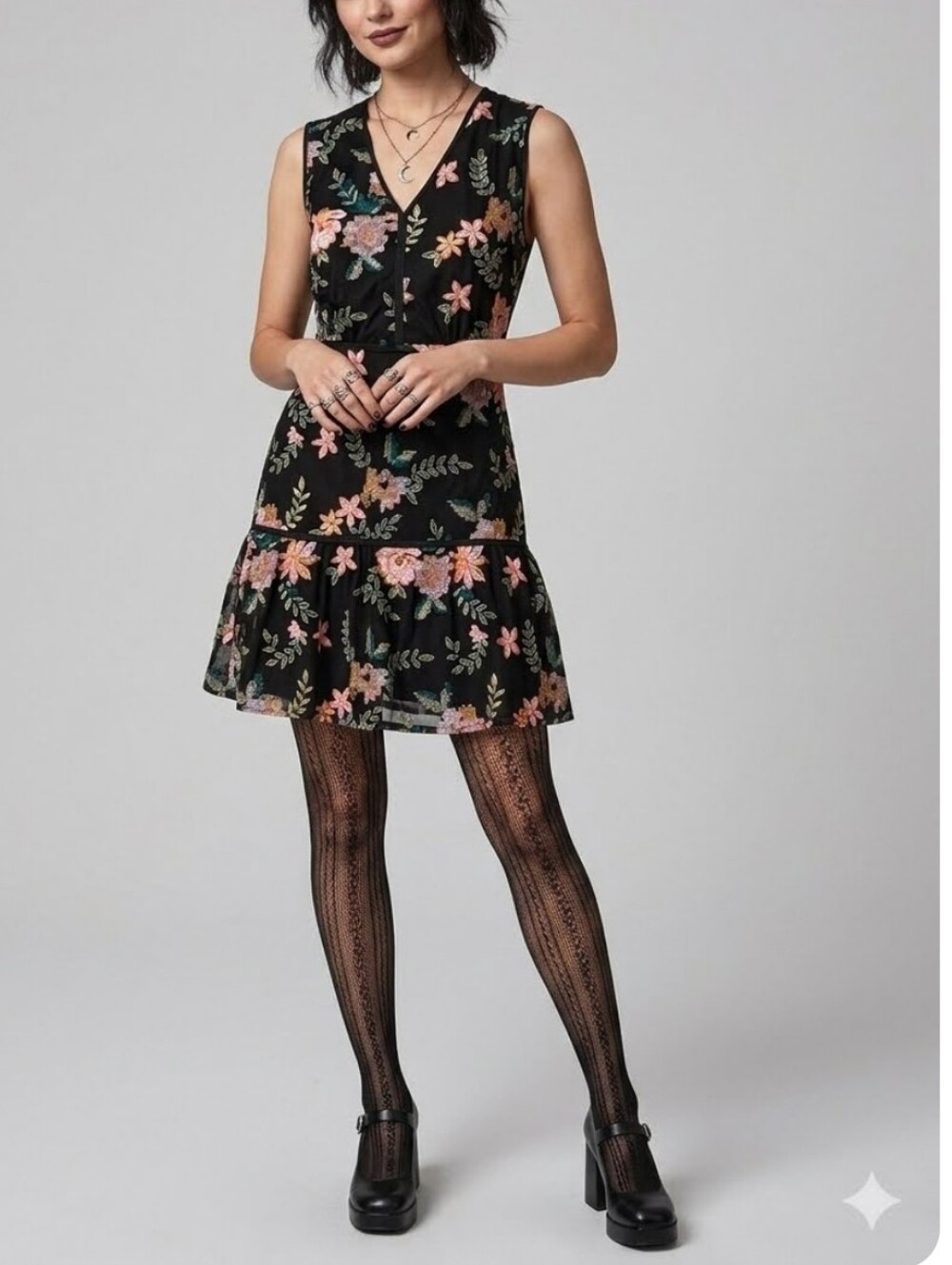 Sam Edelman Sleeveless Mesh Dark floral Whimsygoth Grannycore Y2k mini Dress